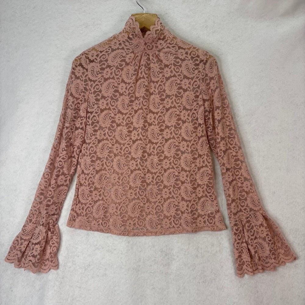 Pink Paisley Sheer Lace Mock Neck Bell Sleeve Top Women XL Romantic Boho Prairie